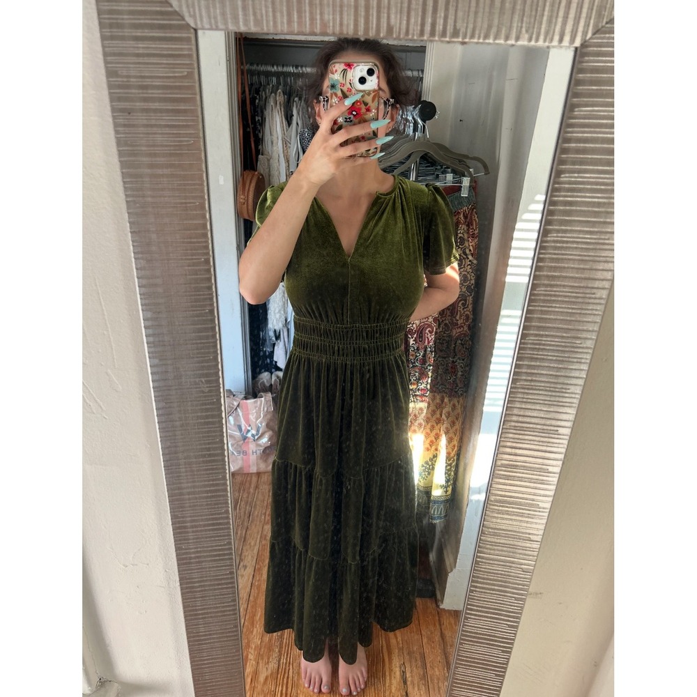 R. Vivimos Green SS velour Velvet Long dress, sz S 4/6 NWT V Neck Smocked Tiered